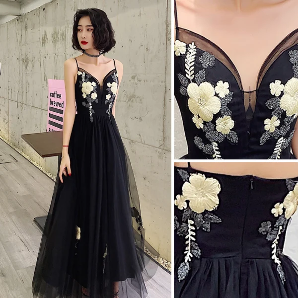 Chic / Beautiful Black Prom Dresses 2022 A-Line / Princess Spaghetti Straps Lace Flower Sleeveless Backless Floor-Length / Long Prom Formal Dresses