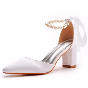 Élégant Blanche Perle Bride Cheville Noeud Chaussure De Mariée 2024 7 Cm Talons Épais À Bout Pointu Mariage Talons Hauts