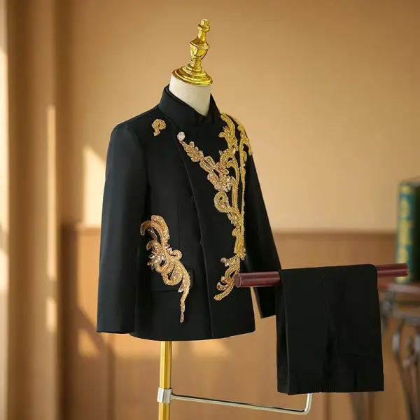 Chinese style Black Beading Lace Flower 2-piece Boys Wedding Suits 2024 Long Sleeve Coat Pants