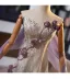 Chinese style Champagne Appliques Printing Evening Dresses 2025 A-Line / Princess Strapless Sleeveless Backless Sweep Train Evening Party Formal Dresses