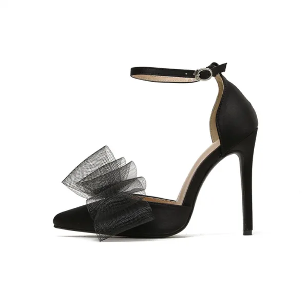 Sexy Black Summer Evening Party Bow Womens Shoes 2022 11 cm Stiletto Heels Ankle Strap Pointed Toe Womens Shoes High Heels