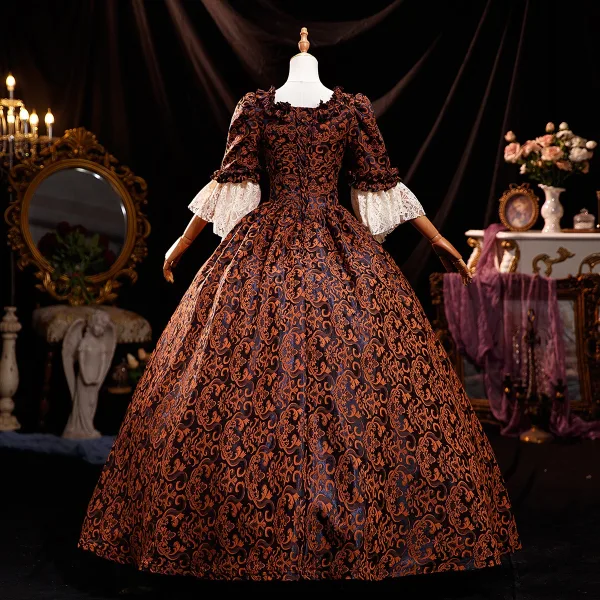 Medieval Vintage / Retro Brown Printing Prom Dresses 2025 Ball Gown Square Neckline Bell sleeves Backless Floor-Length / Long Prom Formal Dresses