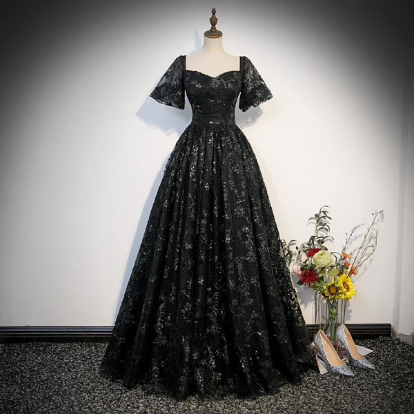 Chic / Belle Noire Perlage Paillettes Robe De Bal 2023 Robe Boule Encolure Carrée Manches Courtes Dos Nu Longue Promo Robe De Ceremonie
