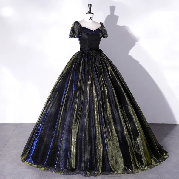 Élégant Bleu Marine Robe De Bal 2022 Robe Boule Encolure Carrée Manches Courtes Dos Nu Noeud Longue Promo Robe De Ceremonie