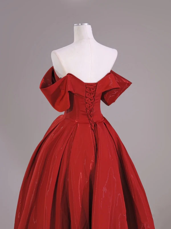 Chic / Beautiful Red Prom Dresses 2024 Ball Gown Off-The-Shoulder Short Sleeve Backless Floor-Length / Long Prom Formal Dresses