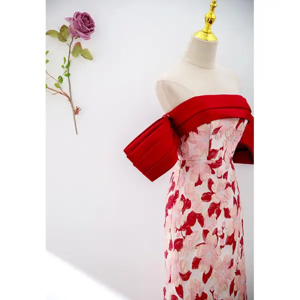 Vintage / Retro Red Printing Evening Dresses 2022 Trumpet / Mermaid Off-The-Shoulder Short Sleeve Backless Floor-Length / Long Evening Party Formal Dresses