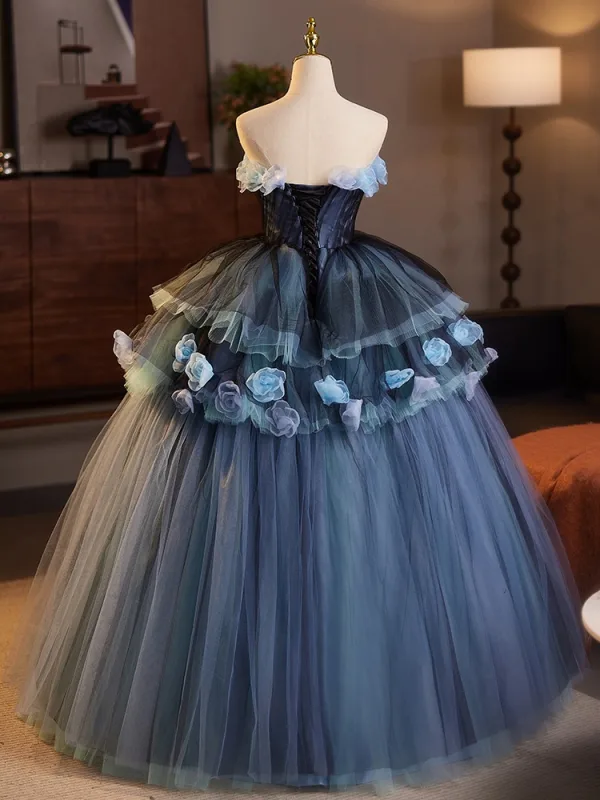 Demure Ocean Blue Quinceañera Appliques Prom Dresses 2025 Ball Gown Strapless Sleeveless Backless Tea-length Prom Formal Dresses