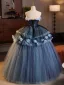 Demure Ocean Blue Quinceañera Appliques Prom Dresses 2025 Ball Gown Strapless Sleeveless Backless Tea-length Prom Formal Dresses
