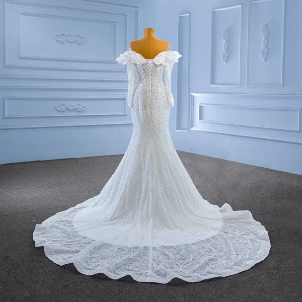 Luxury / Gorgeous White Handmade  Beading Pearl Wedding Dresses 2023 Trumpet / Mermaid Off-The-Shoulder Long Sleeve Backless Floor-Length / Long Wedding