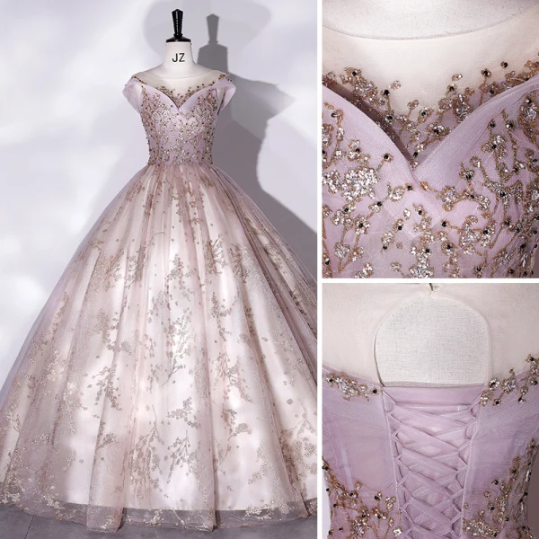 Elegant Blushing Pink Beading Sequins Prom Dresses 2022 Ball Gown Scoop Neck Sleeveless Backless Floor-Length / Long Formal Dresses