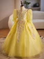 Vintage / Retro Yellow Beading Pearl Sequins Flower Girl Dresses 2024 Ball Gown Square Neckline Birthday 1/2 Sleeves Backless Floor-Length / Long