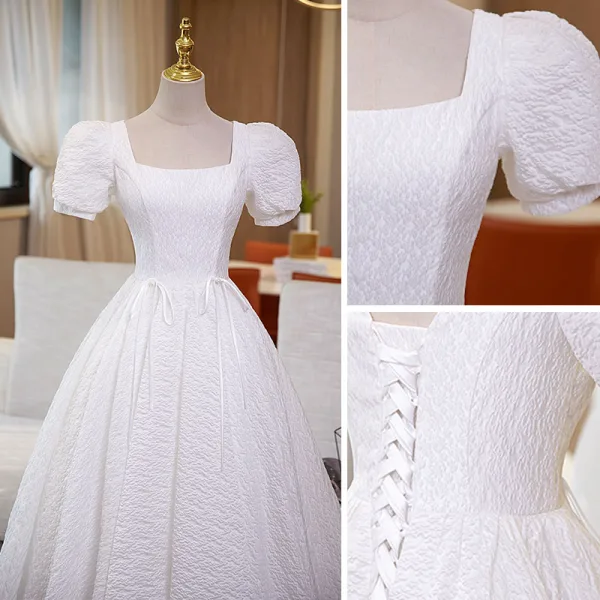 Simple Ivoire Couleur Unie Robe De Bal 2022 Princesse Encolure Carrée Manches Courtes Dos Nu Ceinture Noeud Longue Robe De Ceremonie