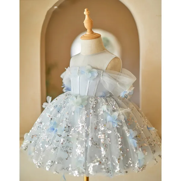 Bling Bling Sky Blue Sequins Appliques Short Birthday Flower Girl Dresses 2024 Ball Gown Off-The-Shoulder Short Sleeve Tulle