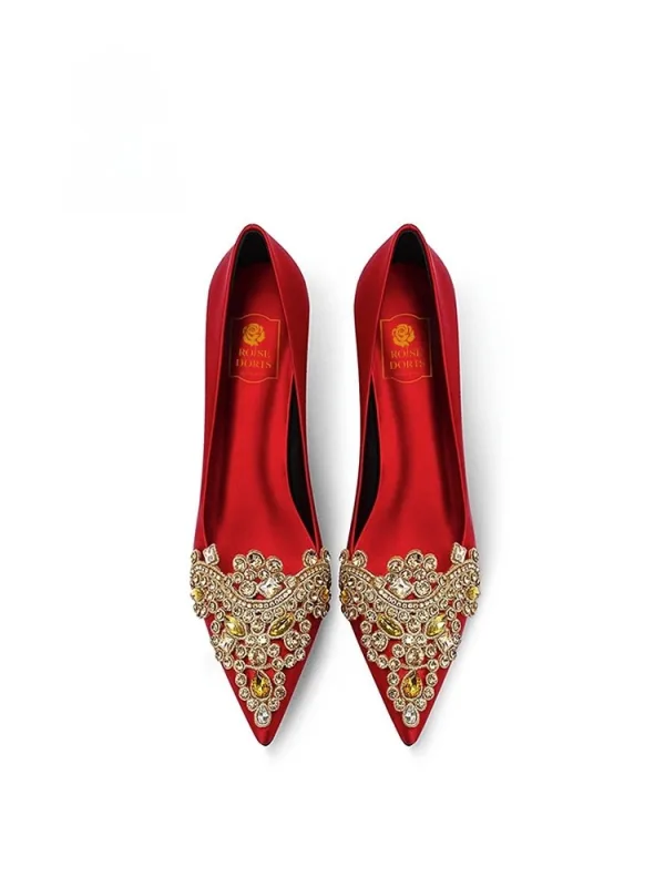 Chinese style Red Rhinestone Satin Wedding Shoes 2026 6 cm Stiletto Heels Pointed Toe Wedding Pumps