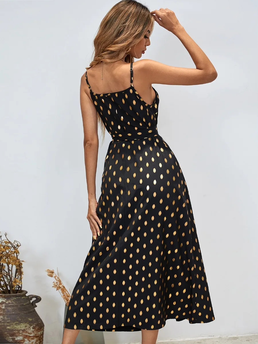 Stunning Women Black Gold Dresses 2021 Polka Dot Chiffon A Line Princess  Split Front Tea Length Spaghetti Straps Summer Sleeveless Street Wear
