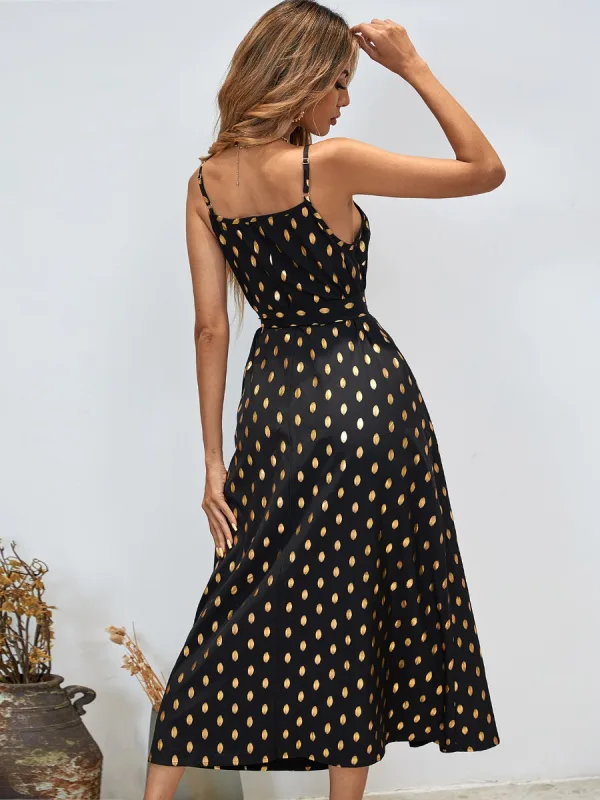 Betagende Damer Sorte Guld Kjoler 2021 Polka Prik Chiffon Prinsesse Split Foran Te-længde Spaghetti Straps Sommer Ærmeløs Streetwear
