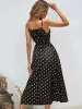 Stunning Women Black Gold Dresses 2021 Polka Dot Chiffon A-Line / Princess Split Front Tea-length Spaghetti Straps Summer Sleeveless Street Wear