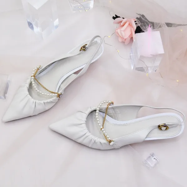 Chic / Beautiful White Leather Pearl Wedding Shoes 2022 5 cm Stiletto Heels Pointed Toe Wedding High Heels