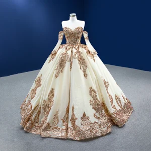 Haut De Gamme Scintillantes Champagne Paillettes Robe De Mariée 2022 Robe Boule Bustier Manches Courtes Dos Nu Longue Mariage