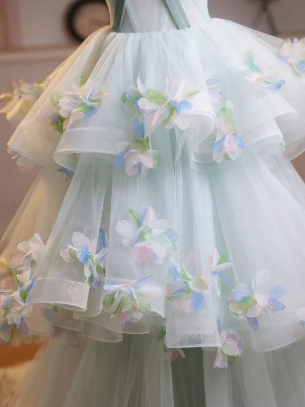 Flower Fairy Sage Green Appliques Cascading Ruffles Prom Dresses 2026 Ball Gown Strapless Bow Sleeveless Backless Sweep Train Formal Dresses