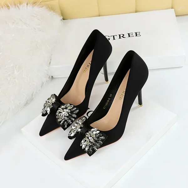 Snygga / Fina Svarta Rhinestone Afton Pumps 2023 10 cm Högklackade Spetsiga Pumps Stilettklackar