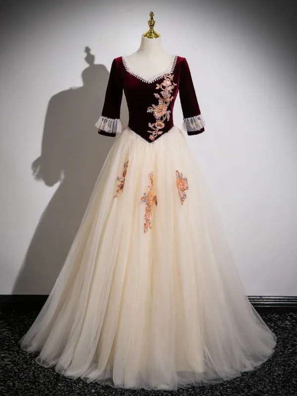 Elegant Burgundy Pearl Sequins Prom Dresses 2024 Ball Gown Square Neckline Short Sleeve Backless Bow Floor-Length / Long Prom Formal Dresses