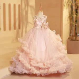 Fée Des Fleurs Rougissant Rose Volants En Cascade Appliques Anniversaire Robe Ceremonie Fille 2025 Robe Boule Encolure Dégagée Sans Manches Dos Nu Longue