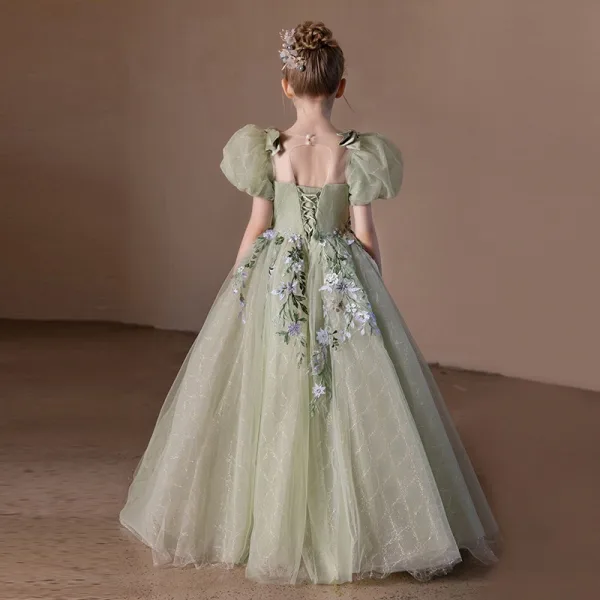 Chic / Beautiful Sage Green Pearl Lace Flower Birthday Flower Girl Dresses 2024 Ball Gown Scoop Neck Puffy Short Sleeve Backless Floor-Length / Long Flower Girl Dresses