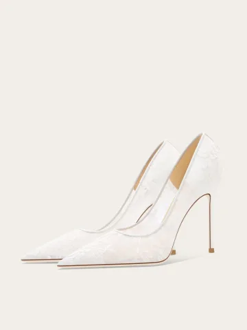 Elegante Witte Kant Bloem Bruidsschoenen 2025 10 Cm Naaldhakken Stiletto Spitse Neus Huwelijk Pumps Hoge Hakken