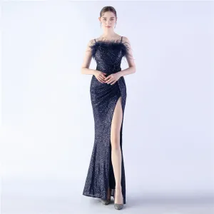 Charmant Bleu Marine Paillettes Fendue Devant Robe De Soirée 2024 Trompette Sirène Bretelles Spaghetti Gland Sans Manches Dos Nu Longue Soirée Robe De Ceremonie
