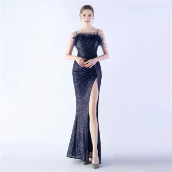 Charmant Bleu Marine Paillettes Fendue Devant Robe De Soirée 2024 Trompette Sirène Bretelles Spaghetti Gland Sans Manches Dos Nu Longue Soirée Robe De Ceremonie