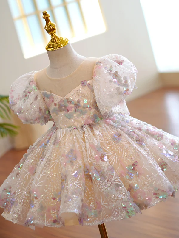 Charming Multi-Colors Beading Sequins Birthday Short Flower Girl Dresses 2022 Ball Gown Scoop Neck Puffy Short Sleeve Backless Flower Girl Dresses