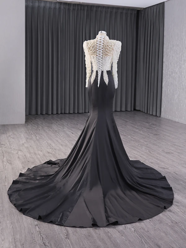 Haut de Gamme Deux tons Blanche Noire Fait main Perlage Perle Paillettes Robe De Soirée 2024 Trompette / Sirène Col Haut Manches Longues Tribunal Train Soirée