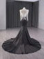 Haut de Gamme Deux tons Blanche Noire Fait main Perlage Perle Paillettes Robe De Soirée 2024 Trompette / Sirène Col Haut Manches Longues Tribunal Train Soirée