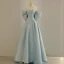 Fashion Sky Blue Satin Prom Dresses 2023 A-Line / Princess Off-The-Shoulder Bow Short Sleeve Backless Sweep Train Formal Dresses