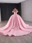 Schön Rosa Handgefertigt Strass Pailletten Brautkleider / Hochzeitskleider 2024 Ballkleid Off Shoulder Kurze Ärmel Rückenfreies Kapelle-Schleppe Hochzeit