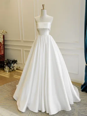 Vintage Retro High End White Handmade Beading Sequins Satin Wedding Dresses 2026 A Line Princess Strapless Sleeveless Backless Floor Length Long