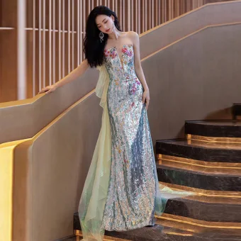 Sparkly Multi Colors Sequins Evening Dresses 2023 Trumpet Mermaid Strapless Sleeveless Backless Evening Party Floor Length Long Formal Dresses