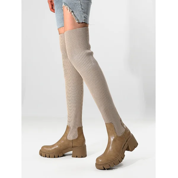 Fashion Brown Fall Winter Street Wear Sock Boots 2023 6 cm Thick Heels Round Toe Womens Boots