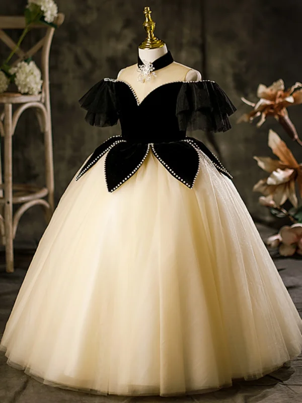 Fashion Black Pearl Flower Birthday Flower Girl Dresses 2023 Ball Gown High Neck Short Sleeve Floor-Length / Long