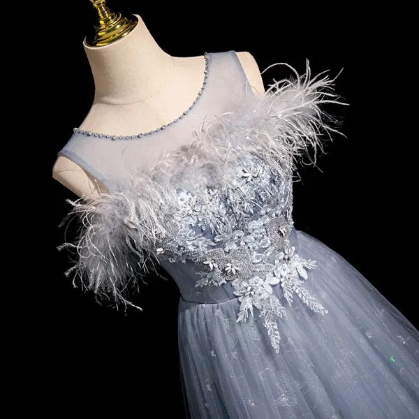 Chic / Beautiful Sky Blue Lace Flower Tassel Prom Dresses 2024 A-Line / Princess Scoop Neck Sleeveless Backless Floor-Length / Long Prom Formal Dresses