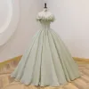 Modest / Simple Sage Green Prom Dresses 2022 Ball Gown Ruffle Off-The-Shoulder Short Sleeve Backless Floor-Length / Long Prom Formal Dresses