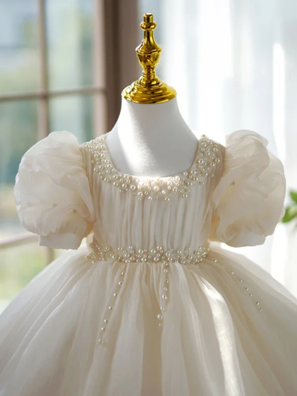Chic / Beautiful Champagne Pearl Birthday Short Flower Girl Dresses 2024 Ball Gown Scoop Neck Puffy Short Sleeve Bow