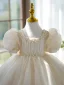 Chic / Beautiful Champagne Pearl Birthday Short Flower Girl Dresses 2024 Ball Gown Scoop Neck Puffy Short Sleeve Bow