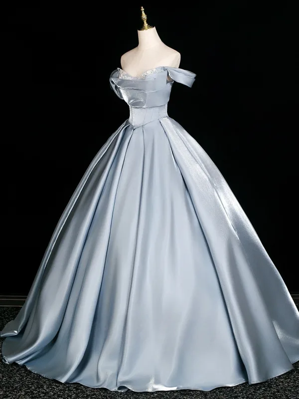 Elegant Sky Blue Lace Flower Prom Dresses 2026 Ball Gown Off-The-Shoulder Short Sleeve Backless Floor-Length / Long Formal Dresses