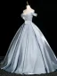 Elegant Sky Blue Lace Flower Prom Dresses 2026 Ball Gown Off-The-Shoulder Short Sleeve Backless Floor-Length / Long Formal Dresses