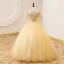 Elegant Yellow Prom Dresses 2022 Ball Gown Square Neckline Pearl Sequins Short Sleeve Backless Floor-Length / Long Prom Formal Dresses