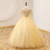 Elegant Yellow Prom Dresses 2022 Ball Gown Square Neckline Pearl Sequins Short Sleeve Backless Floor-Length / Long Prom Formal Dresses