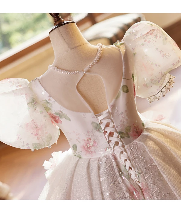 Chic / Beautiful Blushing Pink Beading Pearl Printing Birthday Flower Girl Dresses 2024 Ball Gown Scoop Neck Puffy Short Sleeve Backless Floor-Length / Long