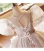 Chic / Beautiful Blushing Pink Beading Pearl Printing Birthday Flower Girl Dresses 2024 Ball Gown Scoop Neck Puffy Short Sleeve Backless Floor-Length / Long